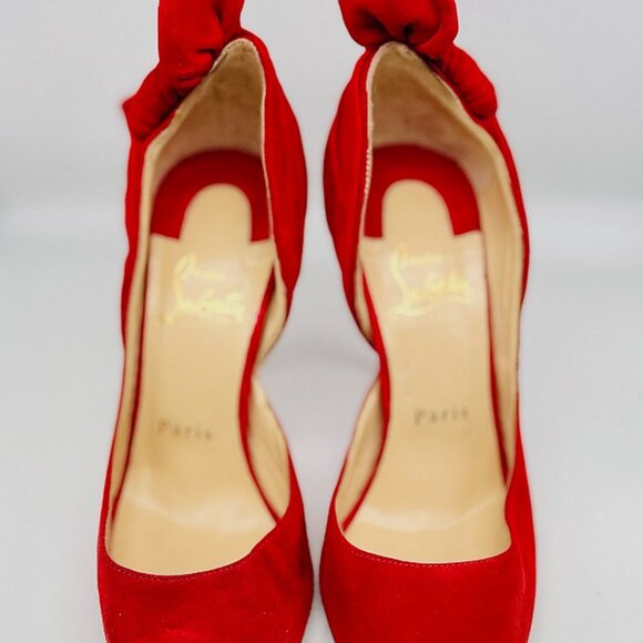 Christian Louboutin Barbara 100 Red Suede Peep Toe Bow Heels | Size 6 - Picture 2 of 5